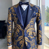 TUNE SUITS Men's Fashion Formal 3 Piece Navy Blue & Gold Embroidery Tuxedo (Jacket + Pants + Vest) Suit Set - Divine Inspiration Styles