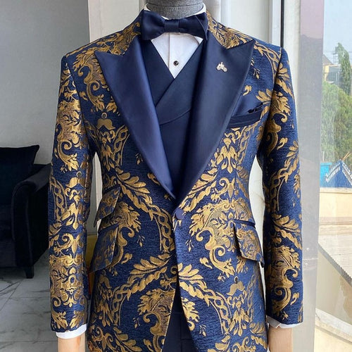 TUNE SUITS Men's Fashion Formal 3 Piece Navy Blue & Gold Embroidery Tuxedo (Jacket + Pants + Vest) Suit Set - Divine Inspiration Styles