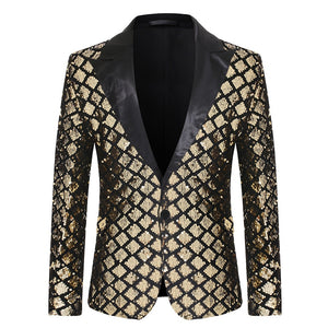 PARKLEES Men's Fashion Shiny Plaid Silver Gold Black Sequin Glitter Fancy Embellished Blazer Jacket - Divine Inspiration Styles