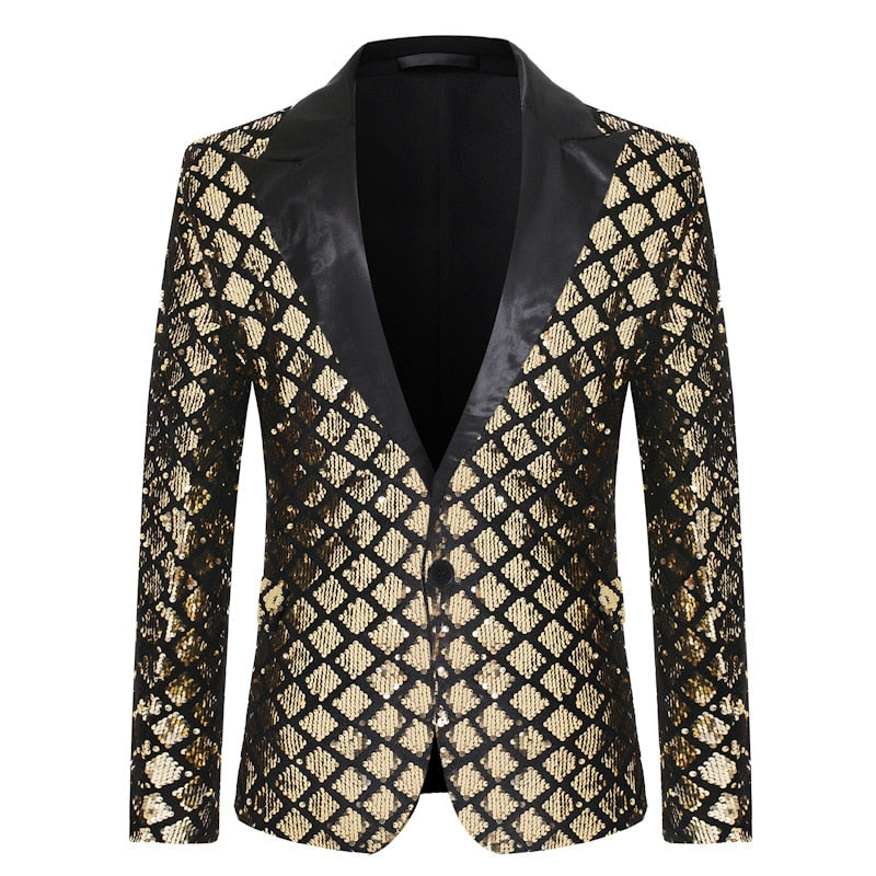 PARKLEES Men's Fashion Shiny Plaid Gold Silver Black Sequin Glitter Fancy Embellished Blazer Jacket - Divine Inspiration Styles