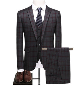 SZSUITS Men's Premium Quality (Jacket + Vest + Pants) 3 Piece Formal Wear Navy Blue & Gray Plaid Suit Set