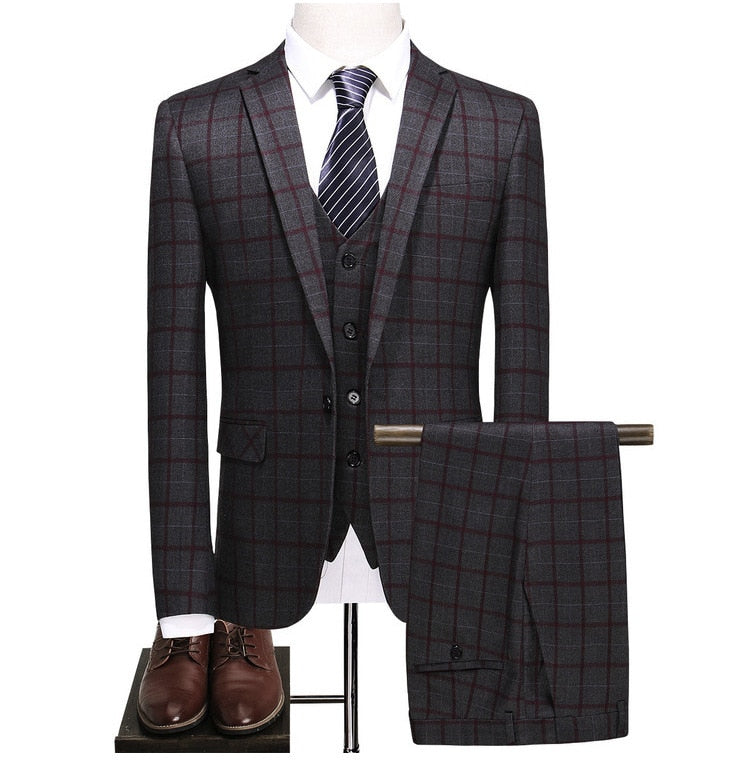 SZSUITS Men's Premium Quality (Jacket + Vest + Pants) 3 Piece Formal Wear Navy Blue & Gray Plaid Suit Set