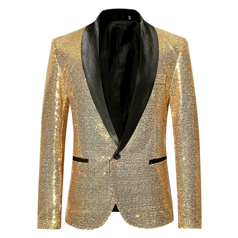 PARKLEES Men's Fashion Shiny Gold Sequin Glitter Fancy Embellished Blazer Jacket - Divine Inspiration Styles