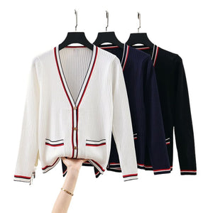 HBT Women's Elegant Fashion Bold Stripes Knitted Cardigan Sweater Jacket - Divine Inspiration Styles
