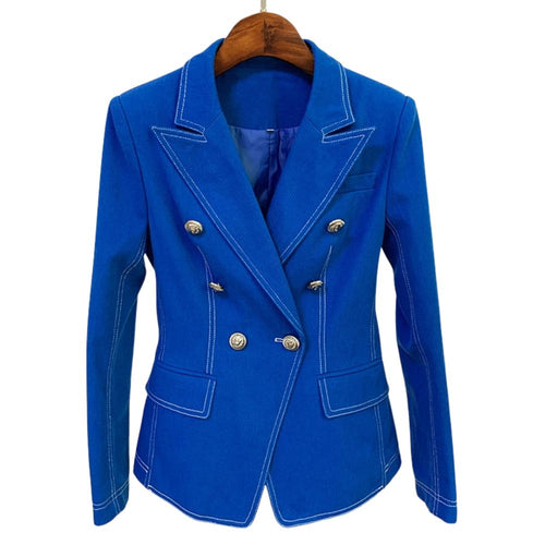 HIGHSTREET Women's Elegant Stylish Fashion Denim Design Office Business Casual Professional Style Blue Denim Blazer Jacket - Divine Inspiration Styles