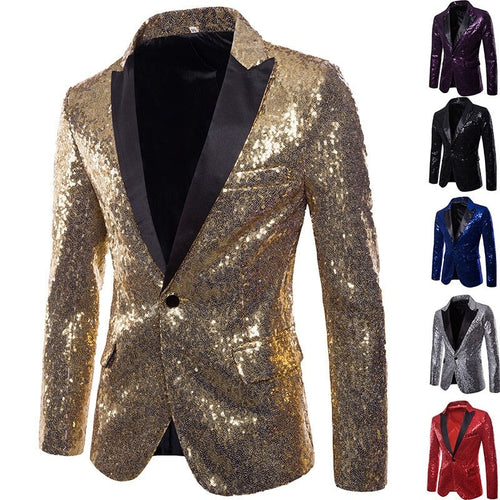 PARKLEES Men's Fashion Shiny Gold Sequin Glitter Fancy Embellished Blazer Jacket - Divine Inspiration Styles