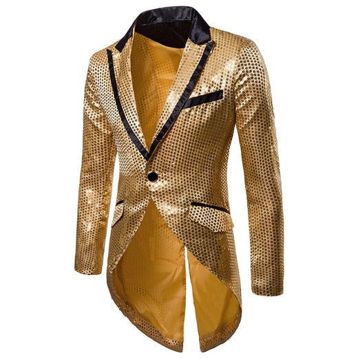 PARKLEES Men's Fashion Shiny Gold Sequin Glitter Fancy Embellished Long Tuxedo Blazer Jacket - Divine Inspiration Styles