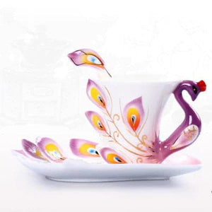 HTH Artistic Creative 3D Genuine Hand Crafted Porcelain Enamel Peacock Coffee/Tea Cup Set - Divine Inspiration Styles