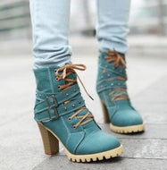 HARTFORD Design Women's Stylish Elegant Fashion Turquoise Blue Laced-Up Leather Boot Shoes - Divine Inspiration Styles