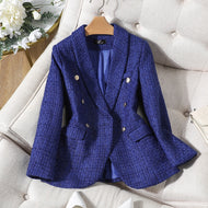 CAROLINE SUITS Women's Elegant Stylish Fashion Office Professional Woven Royal Blue Plaid Blazer Jacket - Divine Inspiration Styles