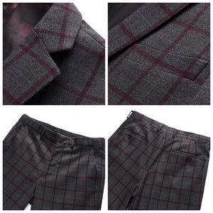 SZSUITS Men's Premium Quality (Jacket + Vest + Pants) 3 Piece Formal Wear Navy Blue & Gray Plaid Suit Set