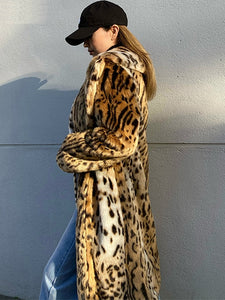 LAUTARO Women's Fine Fashion Brown Leopard Print Luxury Style Long Faux Fur Plush Coat Jacket - Divine Inspiration Styles