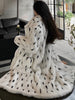 LAUTARO Women's Fine Fashion White & Black Dots Luxury Style Long Faux Fur Plush Coat Jacket