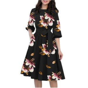 LILLIAN Design Women's Fashion Elegant Stylish Vintage Floral Print Dress - Divine Inspiration Styles