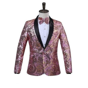 PYJTRL Men's Fashion Gold Pink Flower Sequin Fancy Palette Blazer Suit Jacket - Divine Inspiration Styles