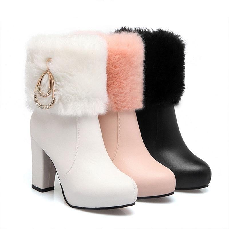 ROSALINE Design Women's Fashion Elegant Plush Fur White Pink & Black  Platform Rhinestone Shoes