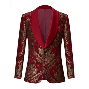 CGSUITS Men's Fashion Formal 2-Piece Burgundy & Gold Embroidery Tuxedo (Jacket + Pants) Suit Set