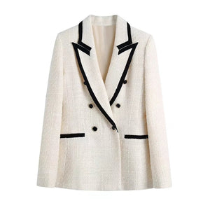 MING SUITS Women's Elegant Stylish Fashion Office Professional Woven Plaid Ivory White & Black Blazer Jacket