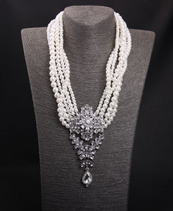 BELLA Design Women's Luxury Style Fashion Vintage Flower Rhinestones & Beads Multi-Layer Pearl Necklace Jewelry