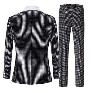 CGSUITS Men's Fashion Formal 3 Piece Black & White Polka Dots Tuxedo (Jacket + Vest + Pants) Suit Set
