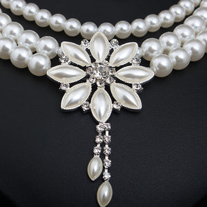 BELLA Design Women's Luxury Style Fashion Vintage Flower & Beads Multi-Layer Pearl Flower Necklace & Earrings Set