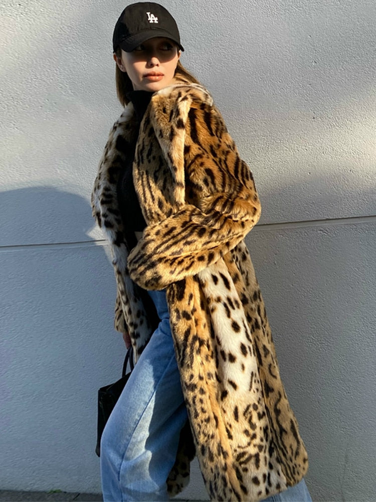 LAUTARO Women's Fine Fashion Brown Leopard Print Luxury Style Long Faux Fur Plush Coat Jacket - Divine Inspiration Styles