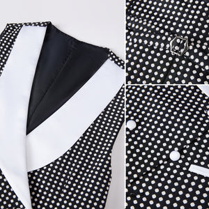 CGSUITS Men's Fashion Formal 3 Piece Black & White Polka Dots Tuxedo (Jacket + Vest + Pants) Suit Set