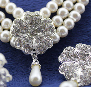 BELLA Design Women's Luxury Style Fashion Vintage Elegant Clover Leaves Multi-Layer Pearl Jewelry Set
