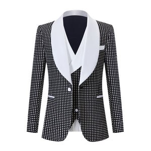 CGSUITS Men's Fashion Formal 3 Piece Black & White Polka Dots Tuxedo (Jacket + Vest + Pants) Suit Set