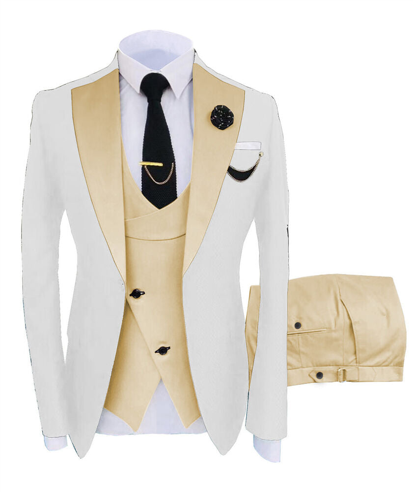 KENTON SUITS Men's Fashion Formal 3 Piece Tuxedo (Jacket + Pants + Vest) White & Champagne Suit Set - Divine Inspiration Styles