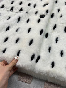LAUTARO Women's Fine Fashion White & Black Dots Luxury Style Long Faux Fur Plush Coat Jacket - Divine Inspiration Styles