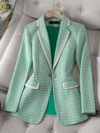 CAROLINE SUITS Women's Elegant Stylish Fashion Office Professional Woven Green Plaid Blazer Jacket - Divine Inspiration Styles
