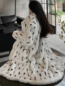 LAUTARO Women's Fine Fashion White & Black Dots Luxury Style Long Faux Fur Plush Coat Jacket - Divine Inspiration Styles