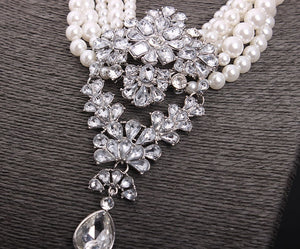 BELLA Design Women's Luxury Style Fashion Vintage Flower Rhinestones & Beads Multi-Layer Pearl Necklace Jewelry