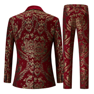 CGSUITS Men's Fashion Formal 2-Piece Burgundy & Gold Embroidery Tuxedo (Jacket + Pants) Suit Set