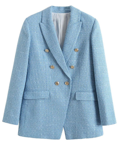 MING SUITS Women's Elegant Stylish Fashion Office Professional Woven Plaid Light Blue Sky Blue Blazer Jacket - Divine Inspiration Styles
