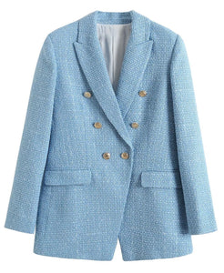 MING SUITS Women's Elegant Stylish Fashion Office Professional Woven Plaid Light Blue Sky Blue Blazer Jacket