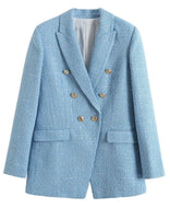 MING SUITS Women's Elegant Stylish Fashion Office Professional Woven Plaid Light Blue Sky Blue Blazer Jacket - Divine Inspiration Styles