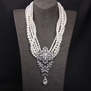 BELLA Design Women's Luxury Style Fashion Vintage Flower Rhinestones & Beads Multi-Layer Pearl Necklace Jewelry