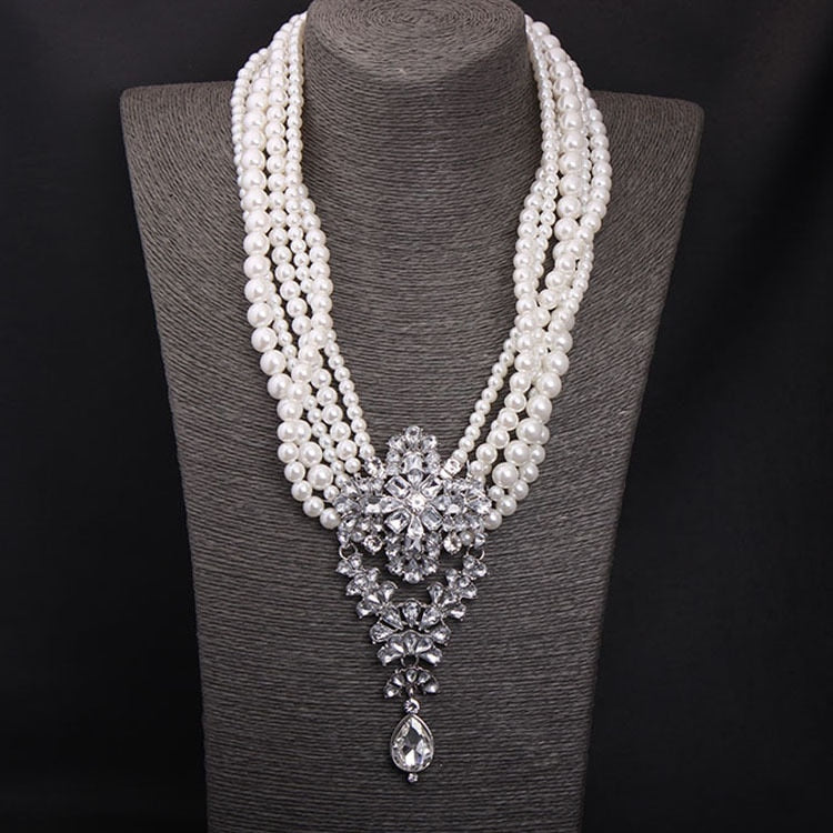 BELLA Design Women's Luxury Style Fashion Vintage Flower Rhinestones & Beads Multi-Layer Pearl Necklace Jewelry
