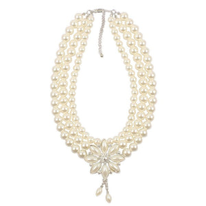 BELLA Design Women's Luxury Style Fashion Vintage Flower & Beads Multi-Layer Pearl Flower Necklace & Earrings Set