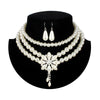 BELLA Design Women's Luxury Style Fashion Vintage Flower & Beads Multi-Layer Pearl Flower Necklace & Earrings Set
