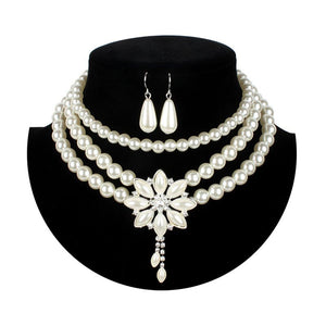 BELLA Design Women's Luxury Style Fashion Vintage Flower & Beads Multi-Layer Pearl Flower Necklace & Earrings Set
