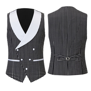 CGSUITS Men's Fashion Formal 3 Piece Black & White Polka Dots Tuxedo (Jacket + Vest + Pants) Suit Set