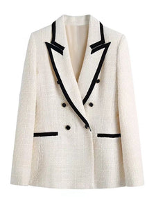 MING SUITS Women's Elegant Stylish Fashion Office Professional Woven Plaid Ivory White & Black Blazer Jacket