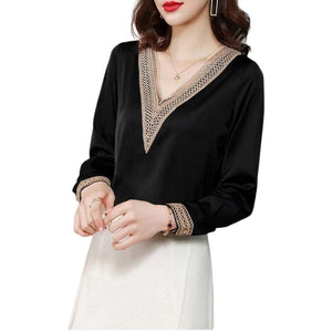 SURESTORY Women's Elegant Fashion Luxury Silk Designer Lace Trimmed Blouse - Divine Inspiration Styles