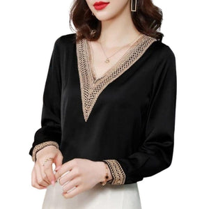 SURESTORY Women's Elegant Fashion Luxury Silk Designer Lace Trimmed Blouse - Divine Inspiration Styles
