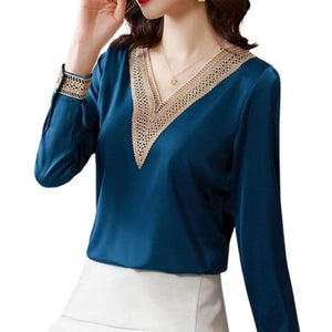 SURESTORY Women's Elegant Fashion Luxury Silk Designer Lace Trimmed Blouse - Divine Inspiration Styles