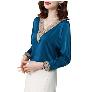 SURESTORY Women's Elegant Fashion Luxury Silk Designer Lace Trimmed Blouse - Divine Inspiration Styles