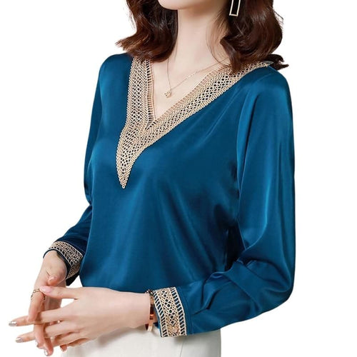 SURESTORY Women's Elegant Fashion Luxury Silk Designer Lace Trimmed Blouse - Divine Inspiration Styles
